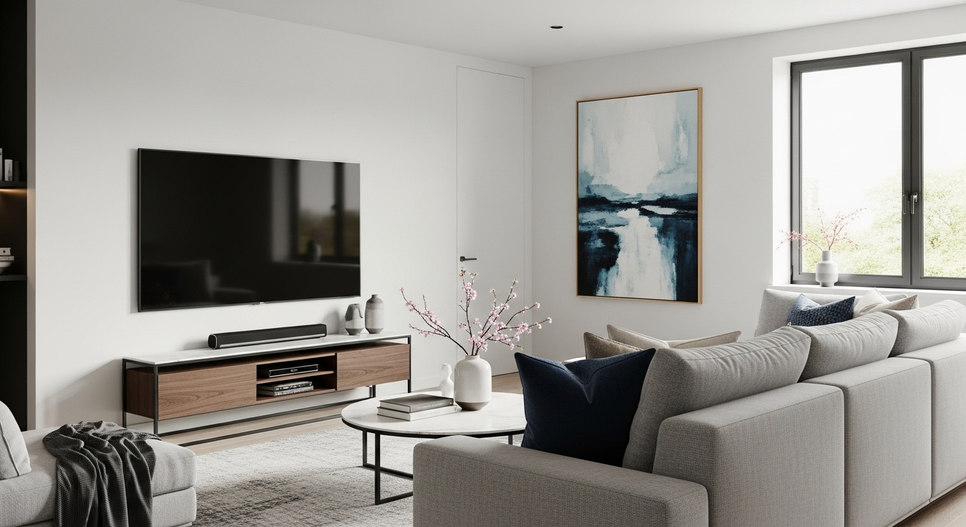 大型テレビとサウンドバーセット（Sonos ArcやBoseなど）がスッキリと設置されたリビングの写真