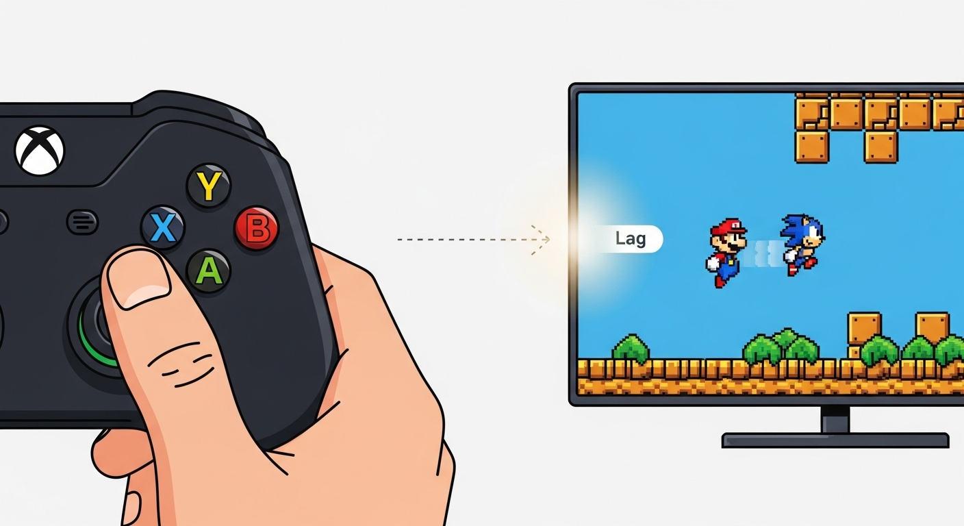 コントローラーのボタンを押す手と、テレビ画面のアクション（例：ジャンプ）の間に「遅延（Lag）」が発生していることを示すシンプルな図解