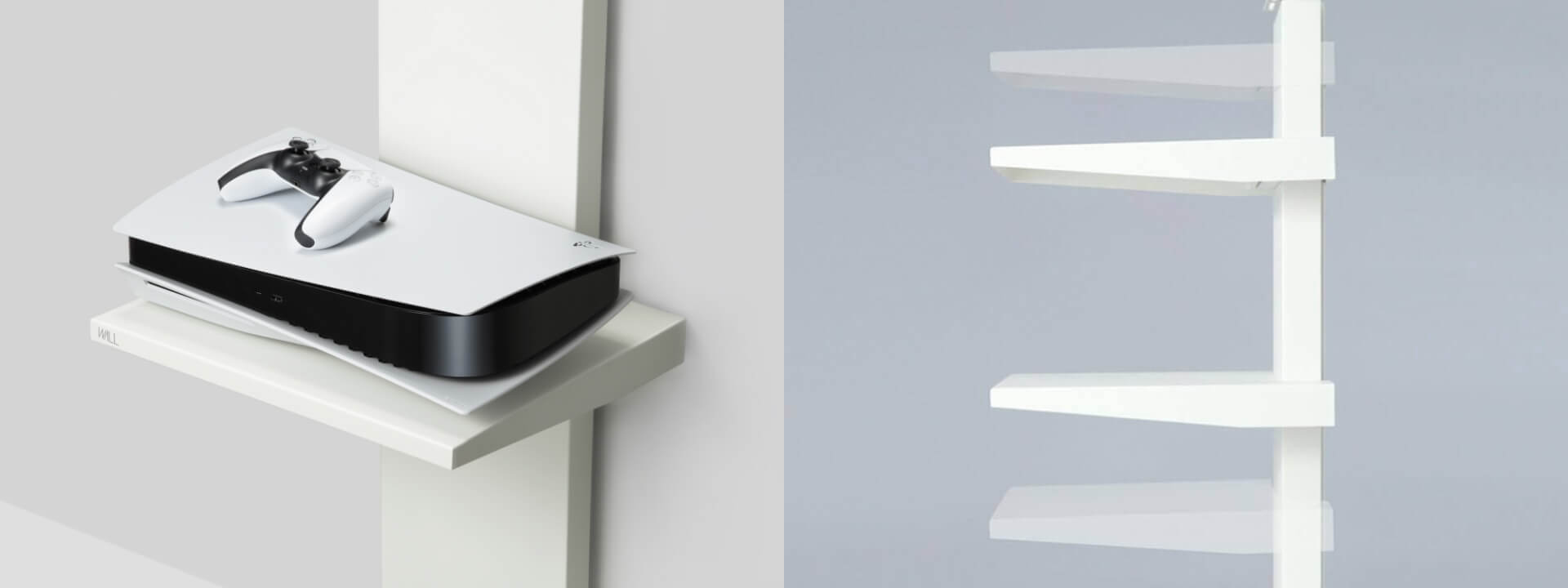 WALL V3に「棚板ラージサイズ」が設置され、その上にPS5（縦置きまたは横置き）が設置されている写真