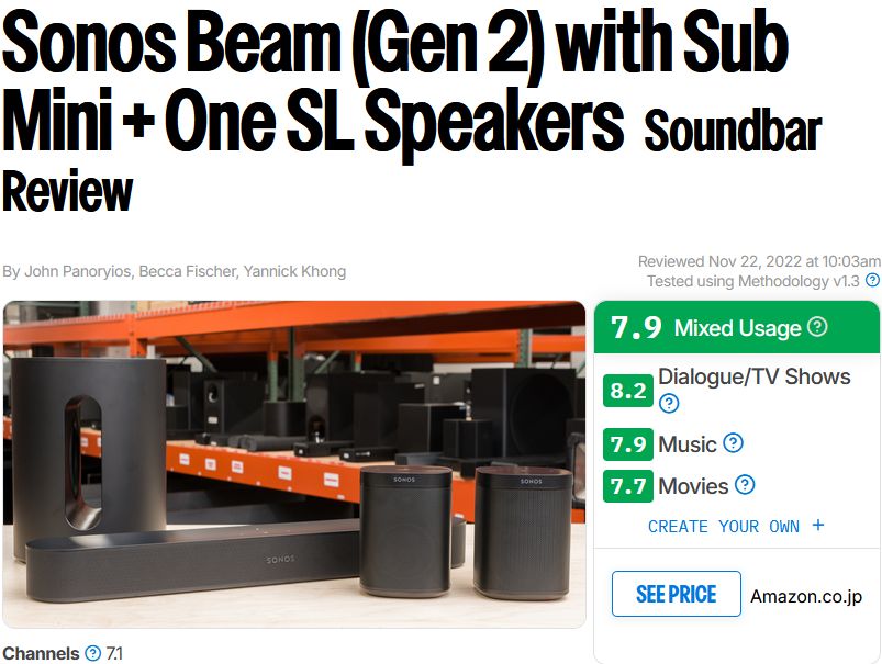 RTINGS.comのSonos Beam (Gen 2)「完成形」スコア