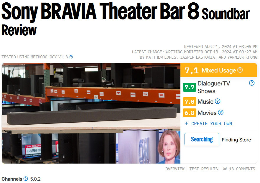 RTINGS.comの総合スコア表(Mixed Usage 7.1, Movies 6.8, Dialogue 7.7, Music 7.0)のスクリーンショット