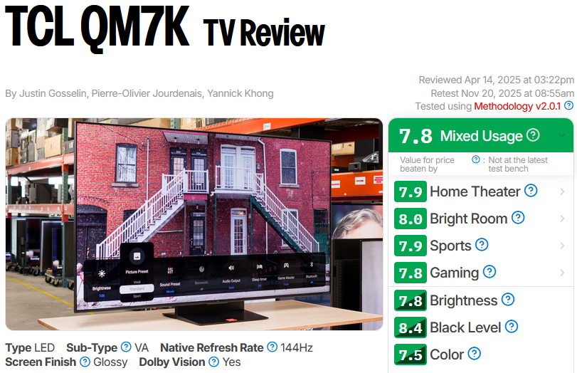  TCL QM7K  TV Review